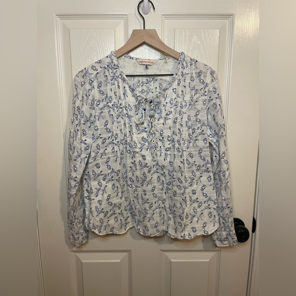 Rebecca Taylor Blue Floral Metallic Cottagecore Tie Front Cotton Blouse Size 2